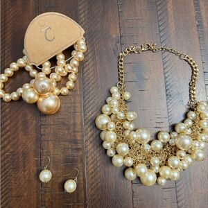Elegant Gold Pearl Necklace and Earring Set